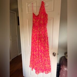 Hot Pink Floral Maxi Dress with Gold Print